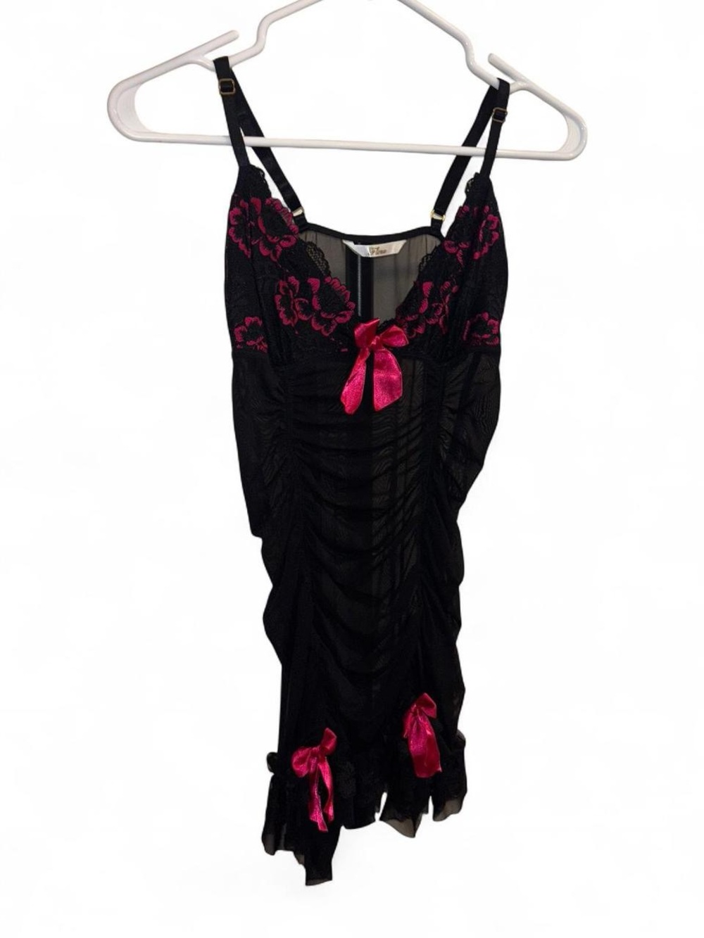 Black Chemise with Hot Pink Lace Accents and Satin Bows